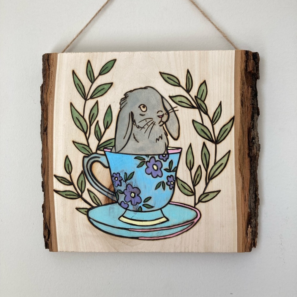 Bunny in a Teacup - Pyrography - Home Decor - Wood burned